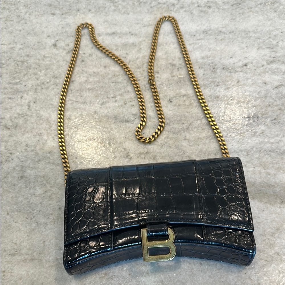 Balenciaga Black and Gold Croc-Embossed Clutch
